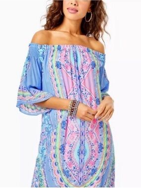 Lilly Pulitzer Blue & Pink Off-Shoulder Printed Tunic